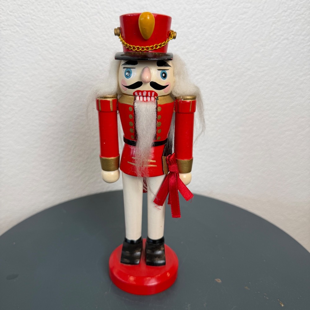 Vintage Style Wooden Christmas Nutcracker Soldier Red Gold 8 Inch Holiday Decor